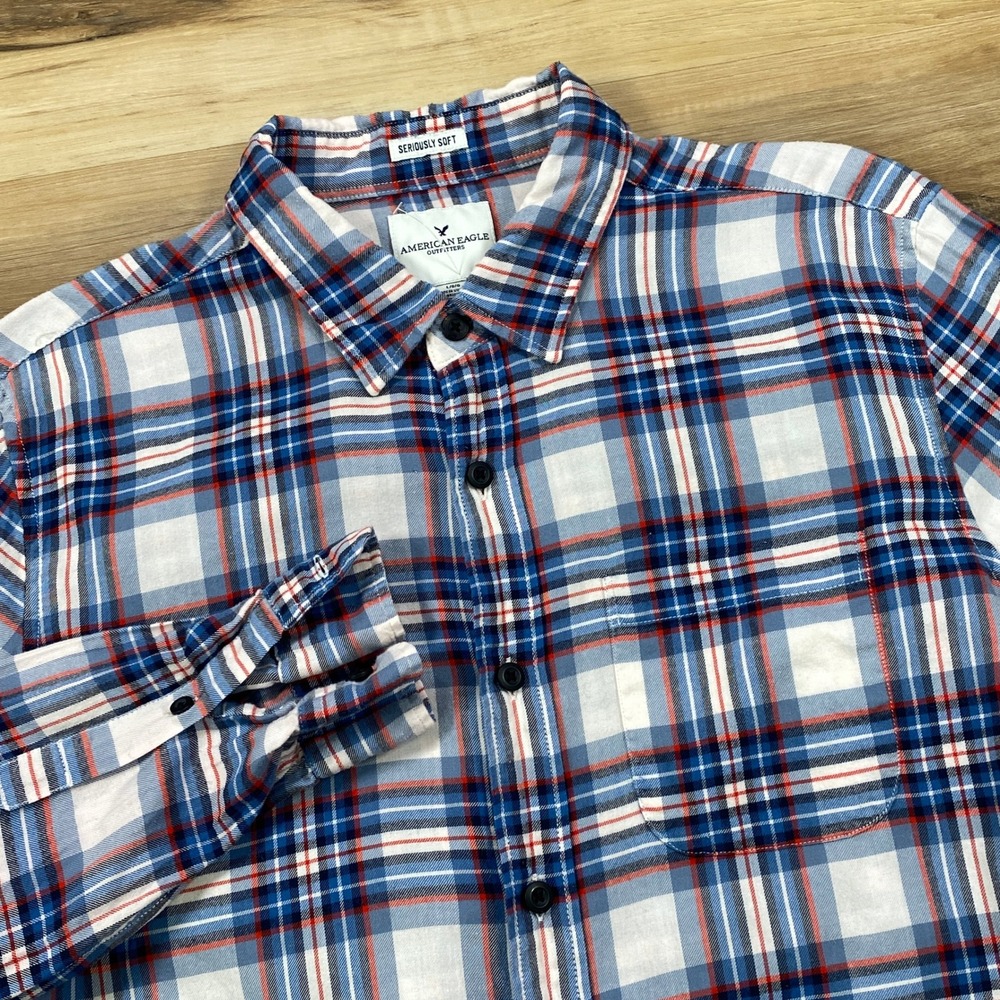 American Eagle Plaid Shirt Mens Large Heritage Seriously Soft Blue Red White L